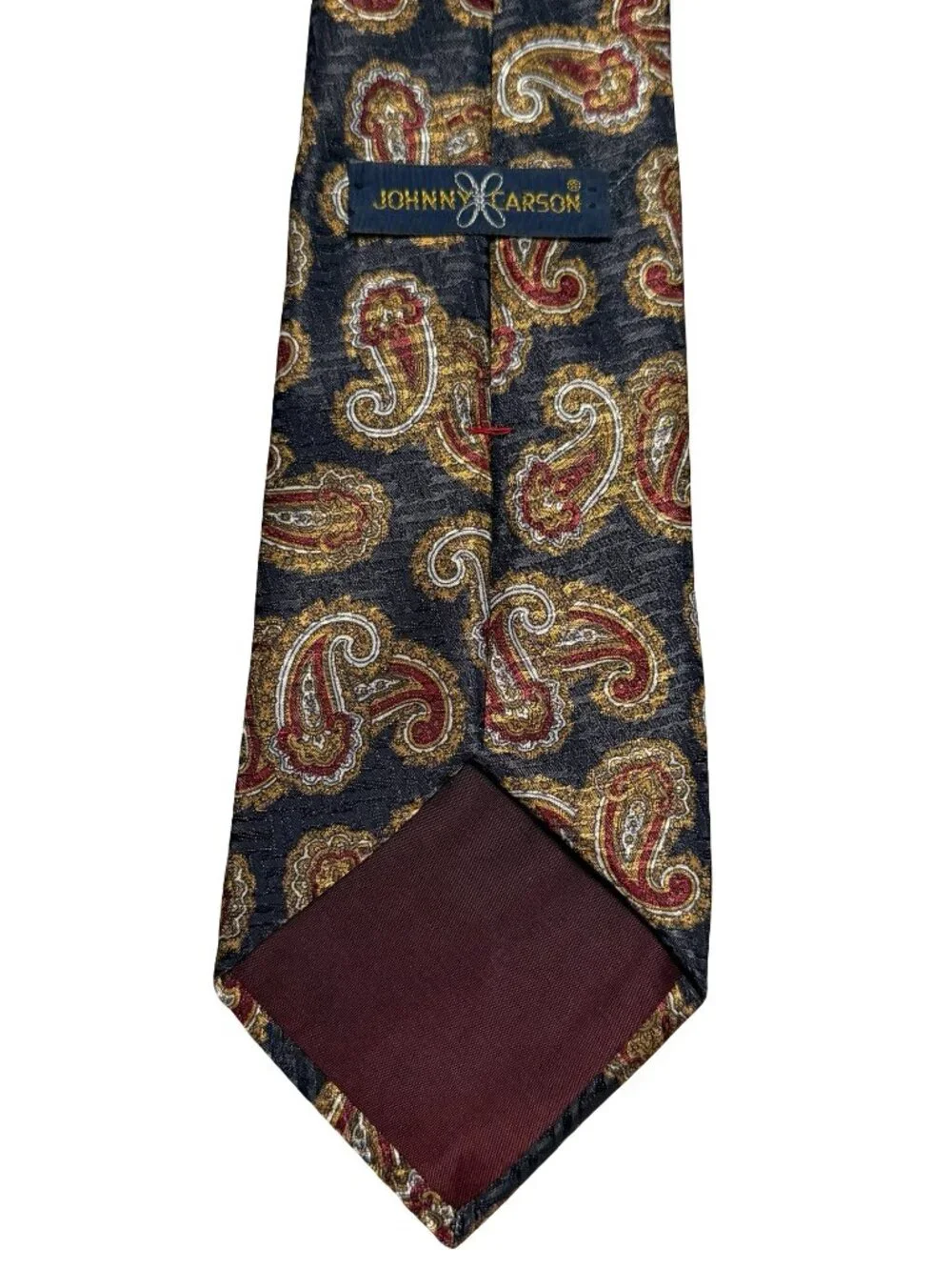 Johnny Carson Mens Silk Tie Paisley Black Gold Red Made in USA Vintage
